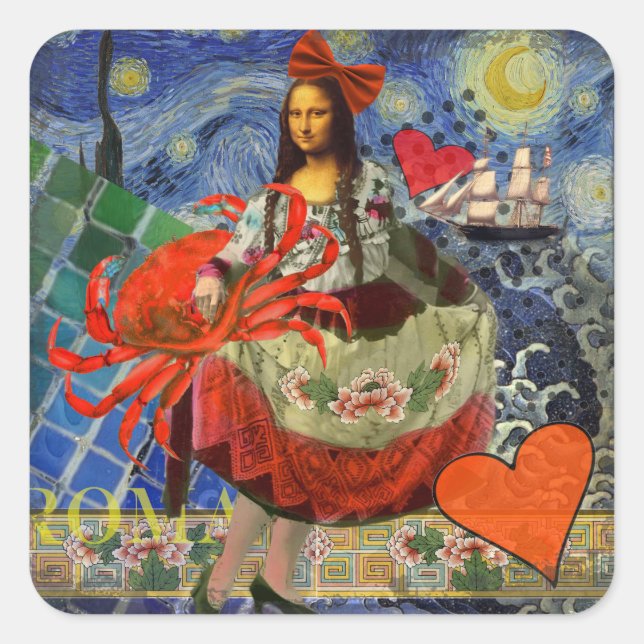 Pegatina Cuadrada Mona Lisa Fun Zodiac Whimsical (Anverso)