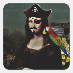 Pegatina Cuadrada Mona Lisa pirata con parche en el ojo