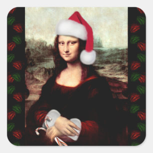 Pegatina Cuadrada Mona Lisa Sombrero de Santa Navidad