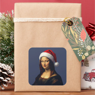 Pegatina Cuadrada Mona Lisa Sombrero de Santa Navidad Fiesta Recorte