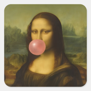 Pegatina Cuadrada Mona Lisa Soplando Goma Rosa