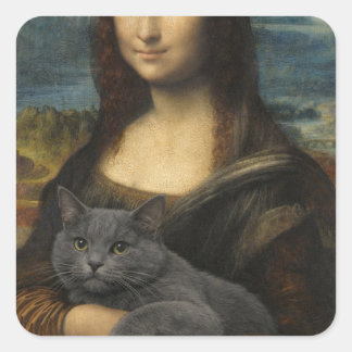 Pegatina Cuadrada Mona Lisa sosteniendo un gato gris elegante