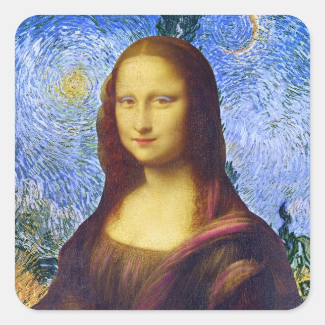 Pegatina Cuadrada Mona Lisa y Van Gogh (Anverso)