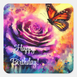 Pegatina Cuadrada Monarch Butterfly Purple Rosa Sunset Birday Card