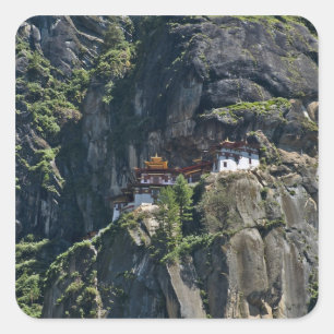 Pegatina Cuadrada Monasterio de Taktsang en el acantilado, Paro, But