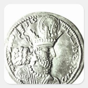 Pegatina Cuadrada Moneda que representa el perfil de Shapur II,