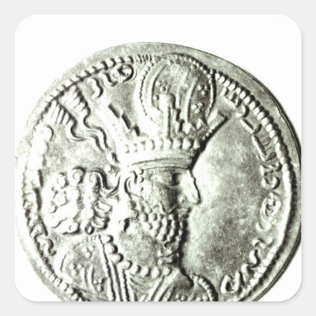 Pegatina Cuadrada Moneda que representa el perfil de Shapur II, (Anverso)