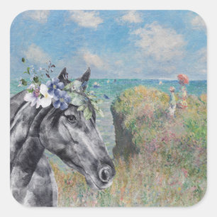 Pegatina Cuadrada Monet Cliff Walk & Black Horse Compilation