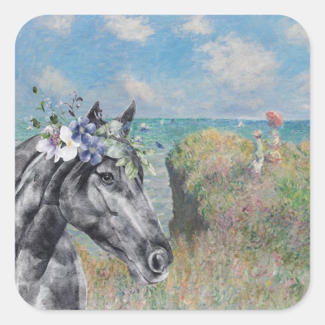 Pegatina Cuadrada Monet Cliff Walk & Black Horse Compilation (Anverso)