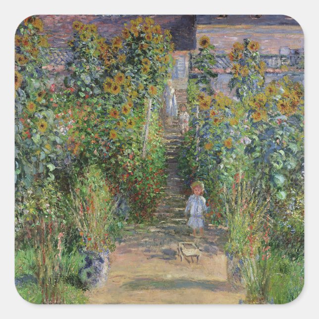 Pegatina Cuadrada Monet Garden Vetheuil Impresionim Pintura (Anverso)