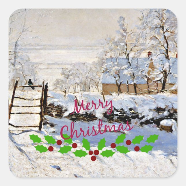 Pegatina Cuadrada Monet - La urraca con Navidades holly (Anverso)