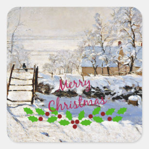 Pegatina Cuadrada Monet - La urraca con Navidades holly