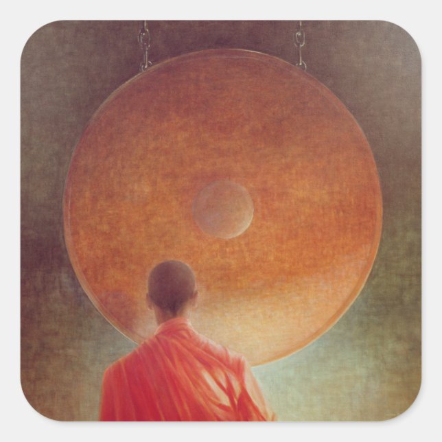 Pegatina Cuadrada Monje joven con Gong (Anverso)