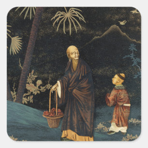 Pegatina Cuadrada Monje y Niño Japonés Antiguo G.A. Audsley