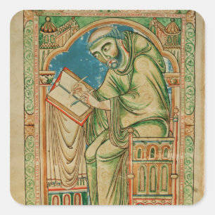 Pegatina Cuadrada Monk Eadwine trabajando en el manuscrito,