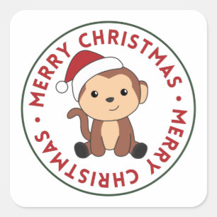 Pegatina Cuadrada Monkey Christmas Snow Winter Animals Monkeys Squar