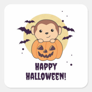 Pegatina Cuadrada Monkey In Pumpkin Cute Monkeys Happy Halloween
