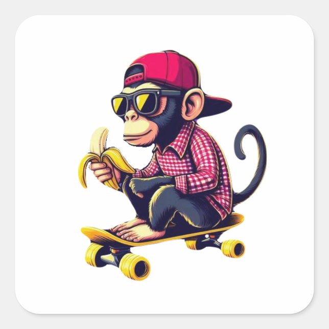 Pegatina Cuadrada Monkey Skateboarding (Anverso)