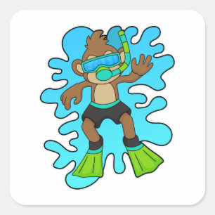 Pegatina Cuadrada Mono como buceador con Snorkel