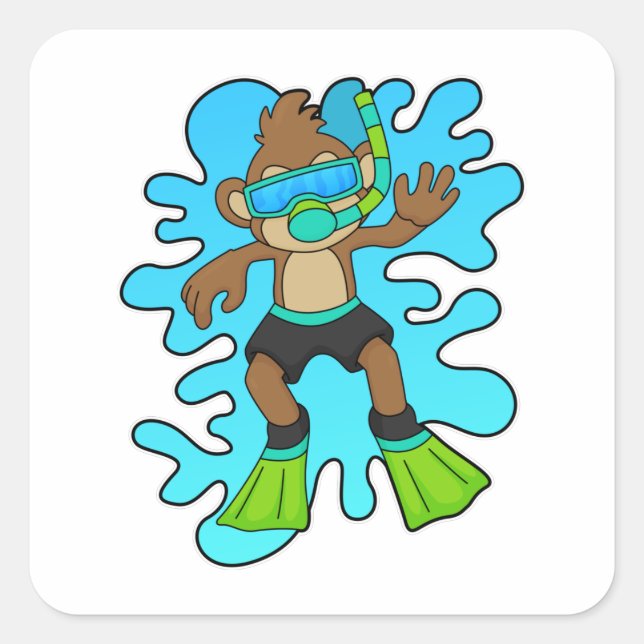 Pegatina Cuadrada Mono como buceador con Snorkel (Anverso)