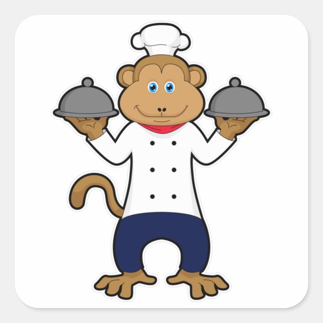 Pegatina Cuadrada Mono como Cocinero con placas de servicio (Anverso)