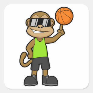 Pegatina Cuadrada Mono como jugador de baloncesto con baloncesto