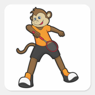Pegatina Cuadrada Mono como jugador de tenis con raqueta de tenis