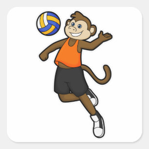 Pegatina Cuadrada Mono como jugador de voleibol con voleibol