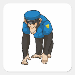 Pegatina Cuadrada Mono como oficial de policía con uniforme