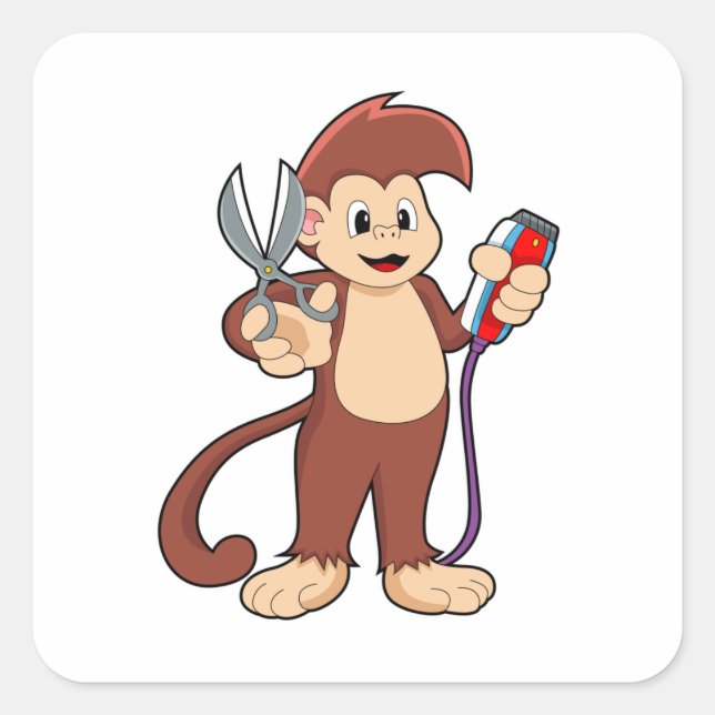 Pegatina Cuadrada Mono como peluquero con tijeras y Razor (Anverso)