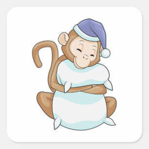 Pegatina Cuadrada Mono con almohada y cabeza de espiga
