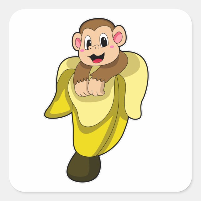 Pegatina Cuadrada Mono con cáscara de plátano (Anverso)