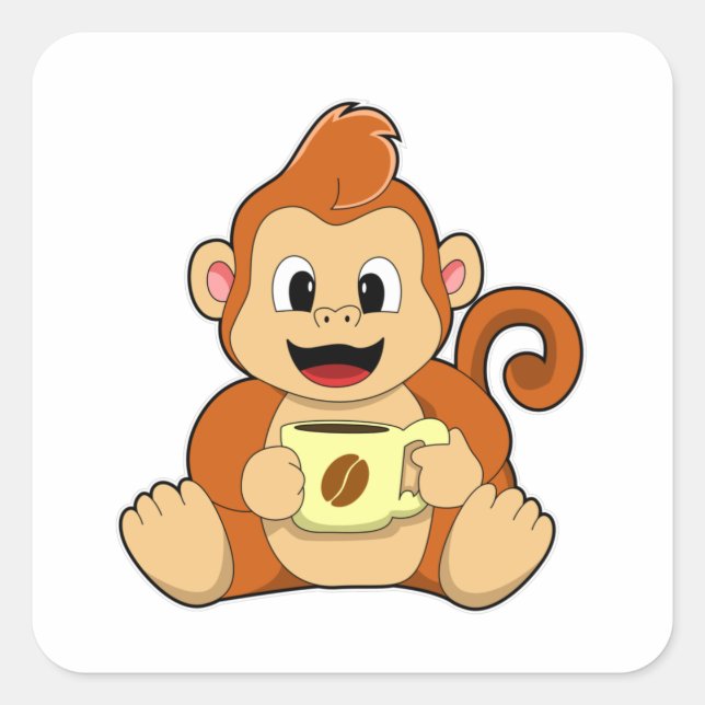 Pegatina Cuadrada Mono con copa de café (Anverso)