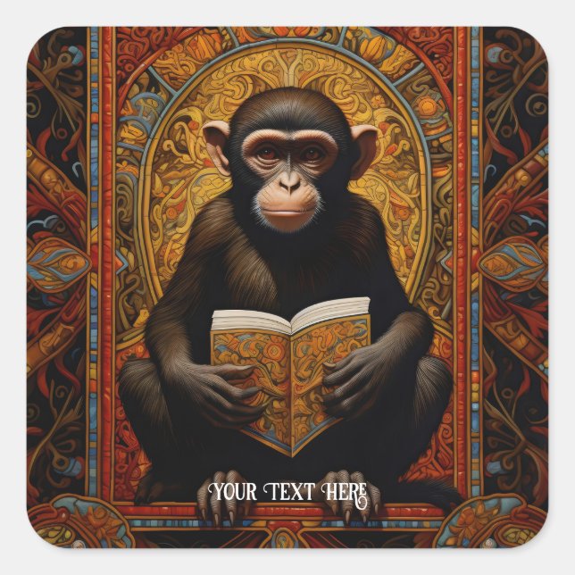 Pegatina Cuadrada Mono con libro (Anverso)