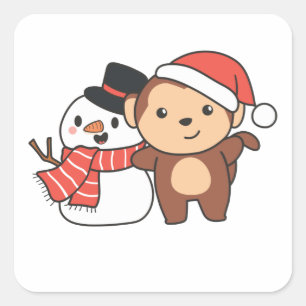 Pegatina Cuadrada Mono Con Snowman En Invierno Para Navidades