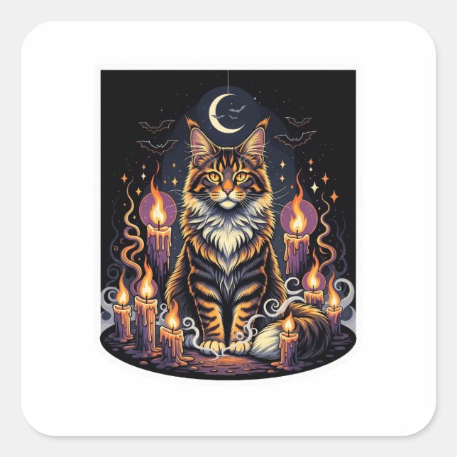Pegatina Cuadrada Mono con velas - Halloween de Maine Coon (Anverso)