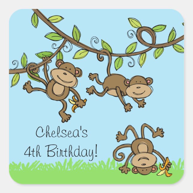 Pegatina Cuadrada Mono de animales del zoológico personalizado alred (Anverso)