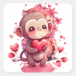 Pegatina Cuadrada Mono del Día de San Valentín con Corazón Adorable