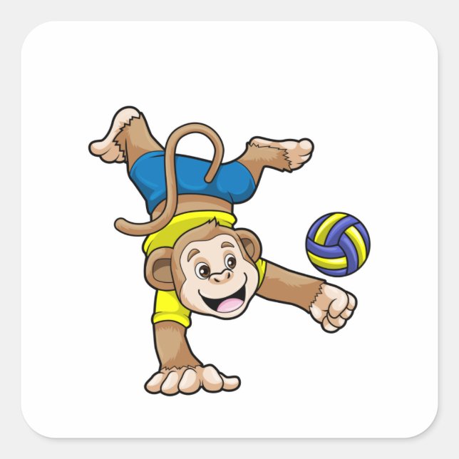 Pegatina Cuadrada Mono en deportes con voleibol (Anverso)