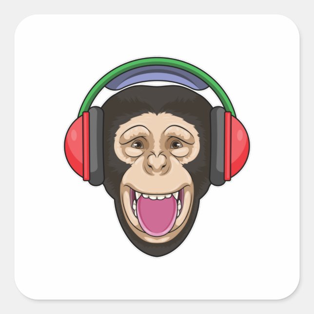 Pegatina Cuadrada Mono en la música con auriculares (Anverso)