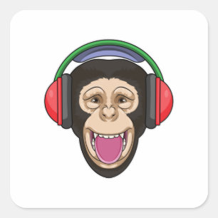 Pegatina Cuadrada Mono en la música con auriculares