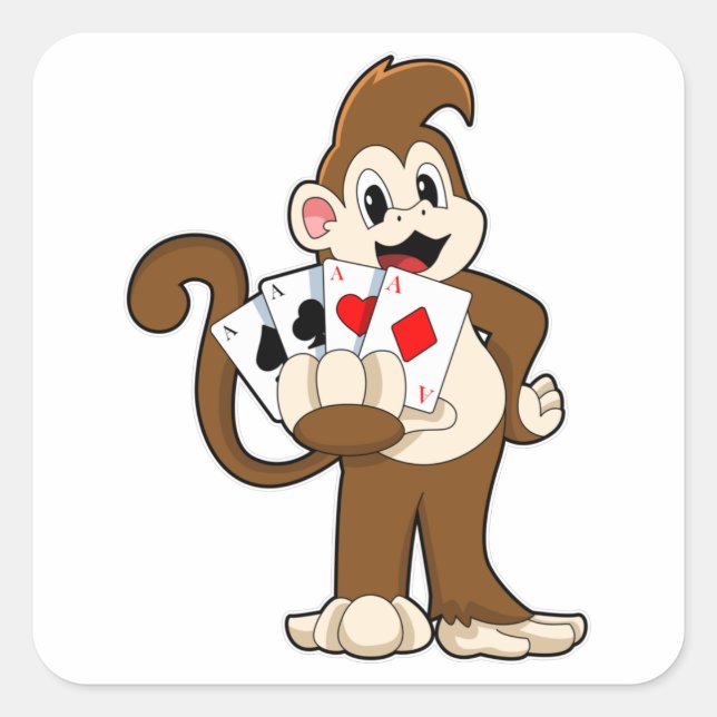 Pegatina Cuadrada Mono en Poker con tarjetas de póker (Anverso)