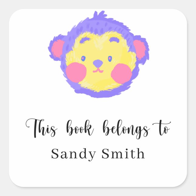 Pegatina Cuadrada Mono - Este libro pertenece a (Anverso)