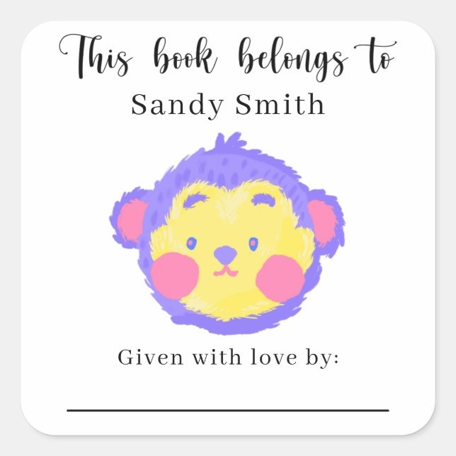 Pegatina Cuadrada Mono - Este libro pertenece con mensaje (Anverso)