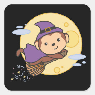 Pegatina Cuadrada Mono Halloween Brujas Niños Vestidos de Brujas Pla
