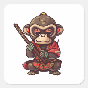 Pegatina Cuadrada Mono lindo Samurai Mono Adorable que atrapa los oj