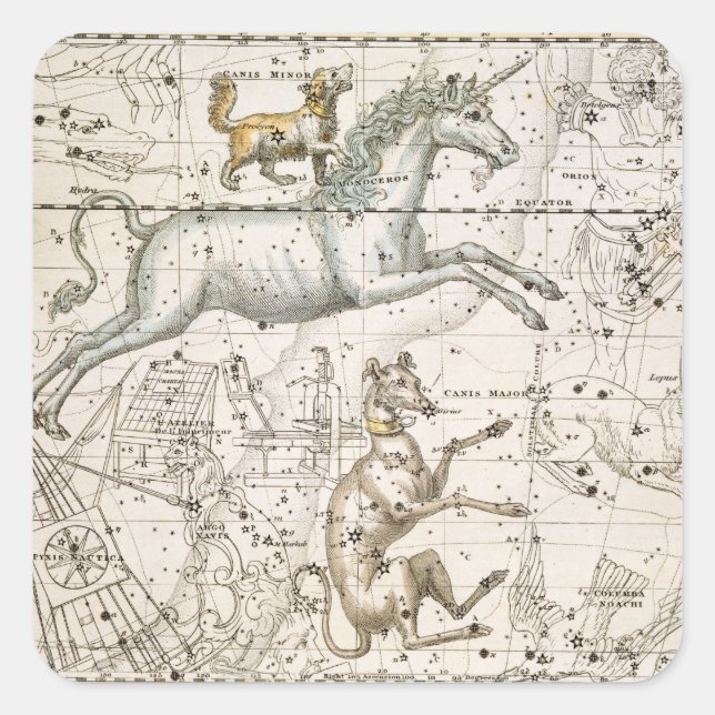 Pegatina Cuadrada Monoceros, de 'A Celestial Atlas', pub en 1822 (Anverso)