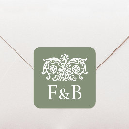 Pegatina Cuadrada Monogram Wedding Ornate Floral Green
