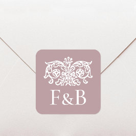 Pegatina Cuadrada Monogram Wedding Ornate Floral Pink