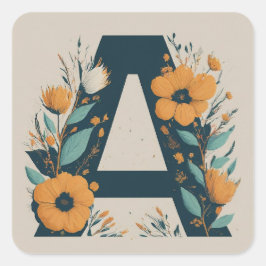 Pegatina Cuadrada Monograma A Floral Inicial